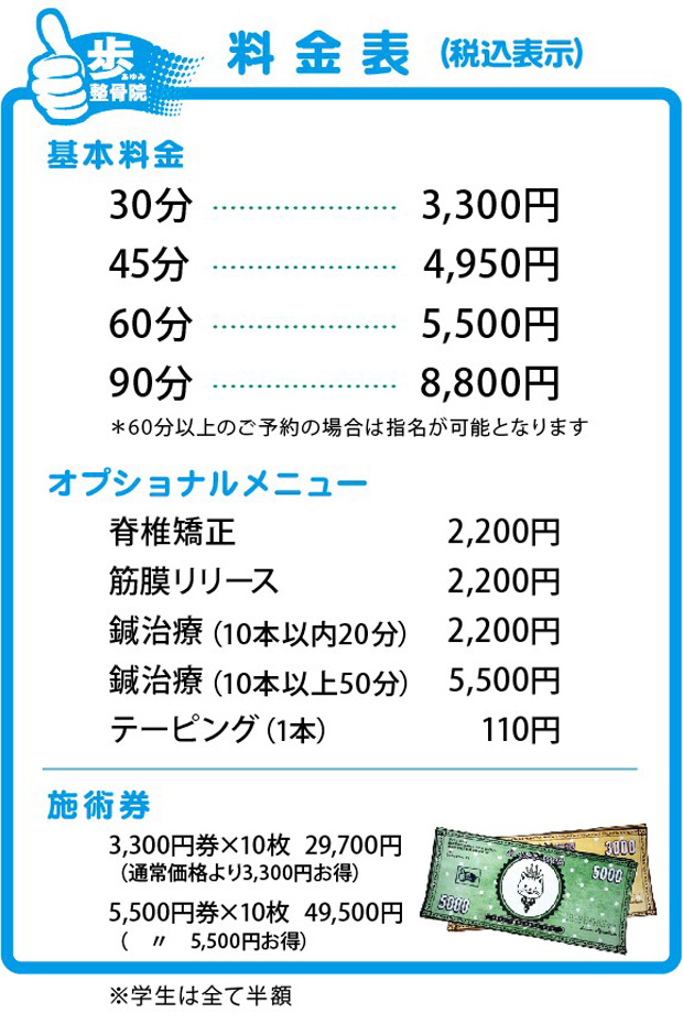 歩整骨院料金表・鍼治療,ハリ治療,脊椎矯正,筋膜リリース,テーピング